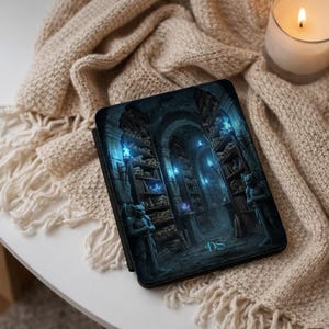 Peut inclure: Une housse de tablette noire avec une illustration fantastique d'une bibliothèque avec des statues de pierre, des étagères et des lumières bleues. Les initiales "DS" sont visibles. La housse repose sur une couverture en tricot beige.
