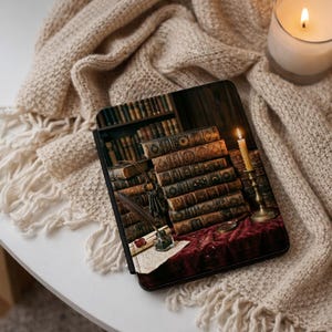 May include: A tablet case featuring a vintage library scene with stacked antique books, a lit candle, and a quill pen. The case has a black border and a red velvet-like surface.