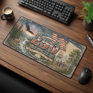 Puede incluir: Alfombrilla de ratón rectangular con un diseño vintage que celebra los 250 años de América. El diseño incluye una bandera estadounidense, un águila, un barco y el texto "United States of America 250 Years of America 1776-2026".