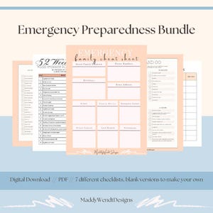 May include: Emergency Preparedness Bundle digital download. Includes 7 checklists, including a family cheat sheet, and a 52-week food storage plan. The bundle is designed to help you prepare for emergencies.