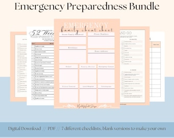 May include: Emergency Preparedness Bundle digital download. Includes 7 checklists, including a family cheat sheet, and a 52-week food storage plan. The bundle is designed to help you prepare for emergencies.