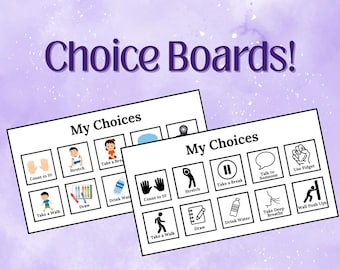 Op de afbeelding: Twee witte "Choice Boards" met de tekst "My Choices" en diverse geïllustreerde opties zoals "Rekken", "Een pauze nemen" en "Water drinken". De borden staan tegen een paarse achtergrond met de tekst "Choice Boards!"
