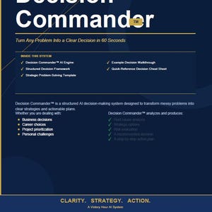 May include: A navy blue graphic promoting "Decision Commander", an AI-powered decision system. The image features white text detailing the system's features, including an AI engine, framework, and strategic templates. It also lists business decisions, career choices, and personal challenges.