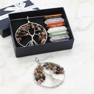 Tree of Life Multicolor Pendant with 7 Chakra Crystals | Spiritual Energy Stones for Meditation