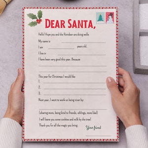 Carta a Papá Noel, Lista de deseos navideños para niños, Plantilla imprimible de lista de deseos navideños, Lista de deseos navideños para niños, Lista de deseos de Papá Noel, Niño, Niña