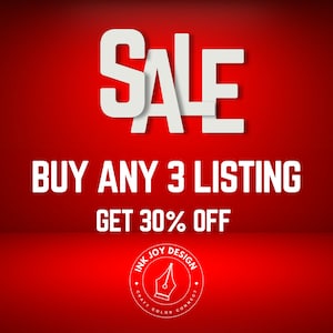 Op de afbeelding: Een rode achtergrond met witte tekst die "SALE BUY ANY 3 LISTING GET 30% OFF" luidt. Een witte cirkel met een pen- en inktontwerp bevindt zich in het midden onderaan de afbeelding. De tekst in de cirkel luidt "INK JOY DESIGN CRAFT COLOR CONNECT".