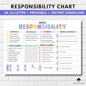 Editable Responsibility Chore Chart for Kids | Printable | Kids Daily Weekly Schedule | Kids Chore List | Kids Daily Routine Checklist | PDF