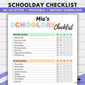 Editable Schoolday Checklist, Daily Routine Chart, Kids Chore Chart, Kids Responsibility Chart, Before School, After School, Before Bed