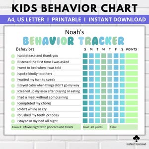 May include: A printable behavior chart for kids with a light blue, green, and white color scheme. The chart is titled "Noah's Behavior Tracker" and includes a list of behaviors, a grid for tracking daily progress, and a points system. The chart also includes a reward section, a goal section, and a total points section.