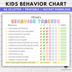 May include: A printable behaviour chart for children with a colourful design. The chart includes a list of behaviours, a calendar grid for tracking, and a points system. The chart is titled "Olivia's Behaviour Tracker" and includes a reward of "Movie night with popcorn and treats".