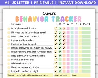 May include: A printable behavior chart for kids with a colorful design. The chart includes a list of behaviors, a calendar grid for tracking, and a points system. The chart is titled "Olivia's Behavior Tracker" and includes a reward of "Movie night with popcorn and treats".