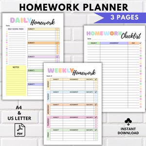 Puede incluir: Planificador de tareas imprimible con tres páginas: un registro diario de tareas, un registro semanal de tareas y una lista de verificación de tareas. Las páginas están decoradas con bordes de colores pastel y casillas de verificación.