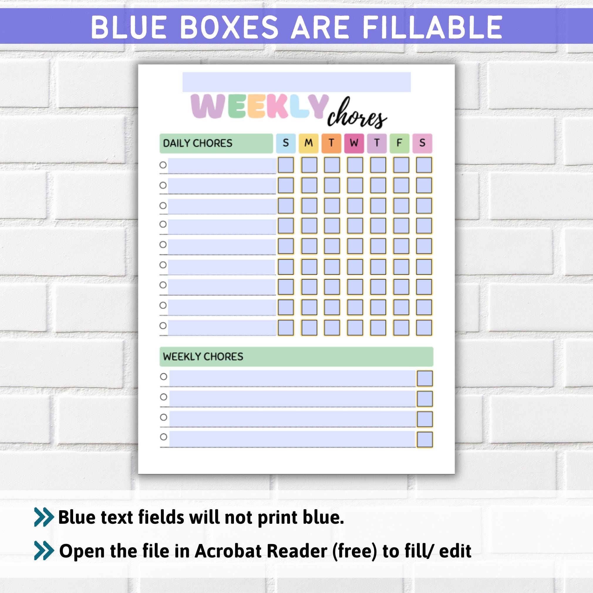 Fill Able Work Chart.pdf Kids Chore Chart: Fillable Weekly Task Cards (PDF) - Etsy