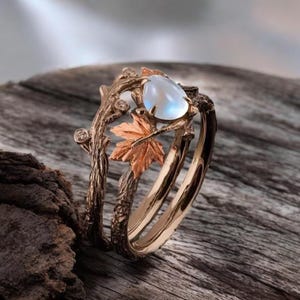 Vintage Tree Branch Maple Leaf Ring for Women Faux Moonstone Statement ...