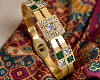 Woman's Cuff Bracelet – Emerald Green and White Zircon Bangle, Luxury Gold Color Bracelet for Woman, Statement Wedding Jewelry Gift for Her