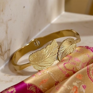 Leaf Cuff Bracelet for Women Gold Color Stainless Steel Bangle Plated Metal Leaves Jewelry, Nature Inspired Women's Bracelet Gift for Her