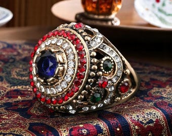 Boho blauwe stenen ring met bloemenpatroon voor dames – vintage kristallen ring in Turkse stijl, luxe huwelijkssieraden cadeau voor haar vintage damesring