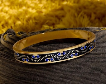 Turkish Evil Eye Bracelet – Gold Stainless Steel Cuff Bangle for Women with Black Enamel, Protective Jewelry Gift, Boho Spiritual Style