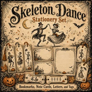 May include: A Skeleton Dance stationery set featuring vintage-style illustrations of dancing skeletons, bats, and pumpkins. The set includes bookmarks, note cards, lined letter paper, and tags, all decorated with ornate borders and musical notes.