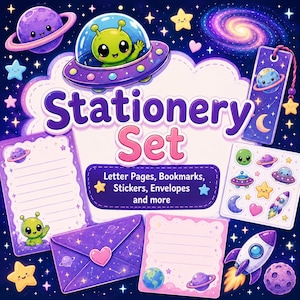 May include: A stationery set featuring space-themed illustrations including a green alien in a flying saucer, planets, stars, and a rocket. The set includes lined letter pages, a bookmark, stickers, and an envelope, all with purple and blue accents.