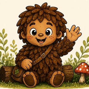 Peut inclure: Une créature brune à la texture de feuilles, au visage souriant et aux taches de rousseur, est assise sur une bûche. Elle porte un sac en bandoulière marron avec un trèfle vert et fait un signe de la main. Un champignon rouge à pois blancs pousse.