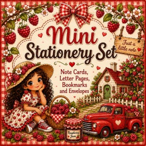 Puede incluir: Un mini set de papelería con una ilustración de una niña con vestido de fresas, una cesta de frambuesas, una camioneta roja y un tarro de mermelada. El texto dice Mini Stationery Set, Note Cards, Letter Pages, Bookmarks and Envelopes.