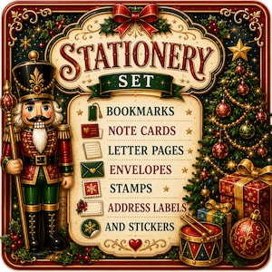 May include: A Christmas stationery set featuring a nutcracker figure, a decorated tree, and a list of items including bookmarks, note cards, letter pages, envelopes, stamps, address labels, and stickers, all framed in a festive red and gold border.