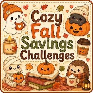 Może przedstawiać: Kwadratowa grafika z napisem Cozy Fall Savings Challenges, otoczona ilustracjami ducha w pomarańczowej czapce, czarnego kota w dyni, świecy, mumii, stosu książek, jeża oraz jesiennych liści.