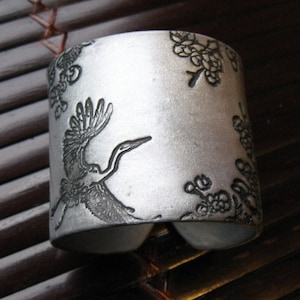 Soaring Asian Crane and Floral Silver Cuff Bracelet, Handmade Jewelry by theshagbag on Etsy, PLEASE READ  DESCRIPTION!