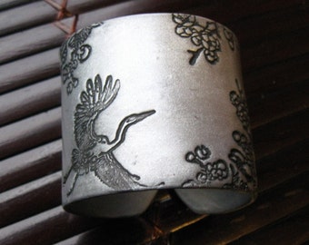 Soaring Asian Crane and Floral Silver Cuff Bracelet, Handmade Jewelry by theshagbag on Etsy, PLEASE READ  DESCRIPTION!
