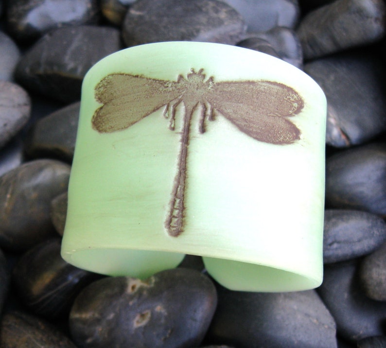 Cuff Bracelet, Antiqued Jade Style Green Dragonfly, Handmade Cuffs by theshagbag on Etsy, PLEASE READ DESCRIPTION image 2