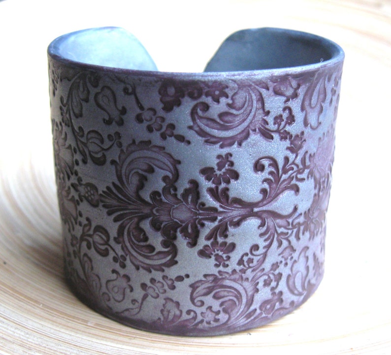 Deep Burgundy Wine Brocade Damask on Silver Cuff Bracelet Handmade Jewelry by theshagbag on Etsy