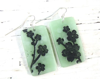 Jade Style Earrings with Black Asian Floral, Handmade Jade Jewelry by theshagbag on Etsy, PLEASE READ  DESCRIPTION!