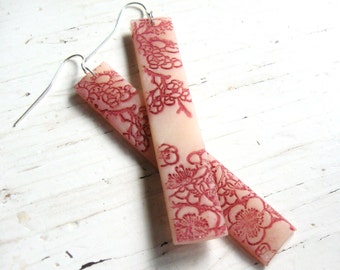 Long Pink Pastel Rose Quartz Style Earrings Asian Floral Design by theshagbag, PLEASE READ  DESCRIPTION!