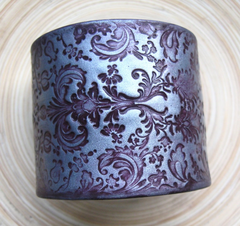 Deep Burgundy Wine Brocade Damask on Silver Cuff Bracelet Handmade Jewelry by theshagbag on Etsy