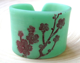 Jade Style Cuff Bracelet Asian Floral Blossoms, Handmade Jade Jewelry by theshagbag on Etsy, PLEASE READ  DESCRIPTION!