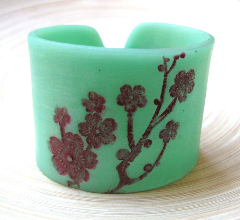SALE Jade Style Cuff Bracelet Asian Floral Blossoms Handmade Etsy