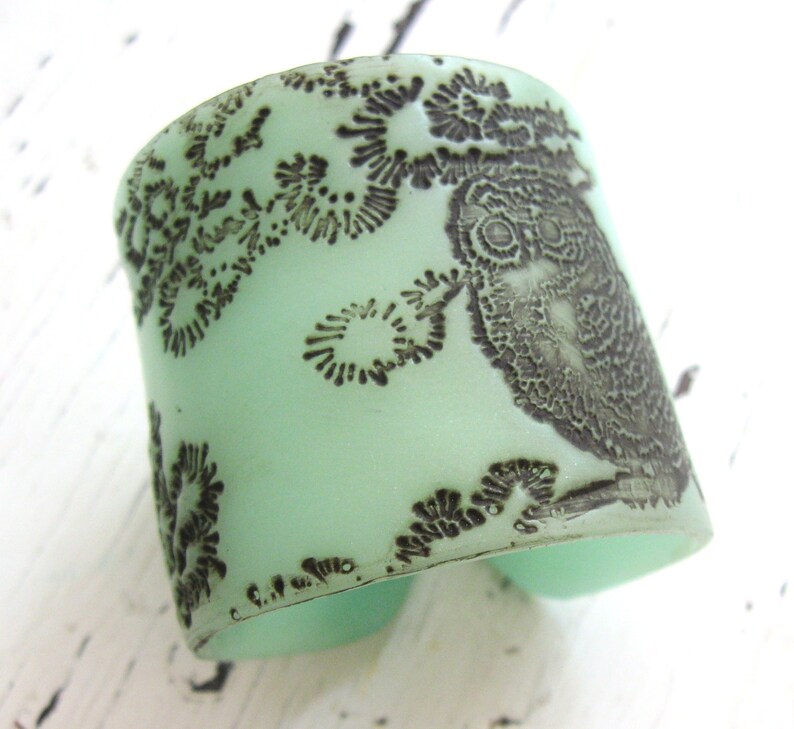 Jade Style Green Owl Cuff Bracelet, Owl Design, Handmade Jewelry by theshagbag on Etsy, PLEASE READ DESCRIPTION image 3