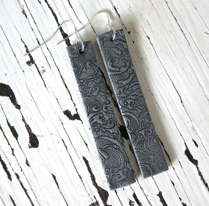Long Silver Earrings Ornate Asian Design by Theshagbag on Etsy