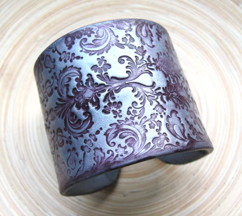 Deep Burgundy Wine Brocade Damask on Silver Cuff Bracelet Handmade Jewelry by theshagbag on Etsy