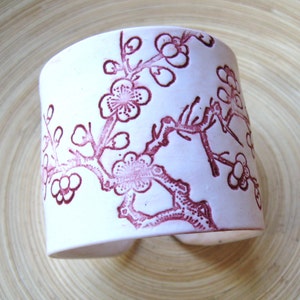 Cuff Bracelet Ivory, Burgundy Asian Cherry Blossom, Handmade cuffs by theshagbag on Etsy, PLEASE READ  DESCRIPTION!