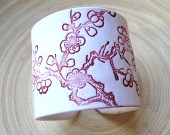 Cuff Bracelet Ivory, Burgundy Asian Cherry Blossom, Handmade cuffs by theshagbag on Etsy, PLEASE READ  DESCRIPTION!