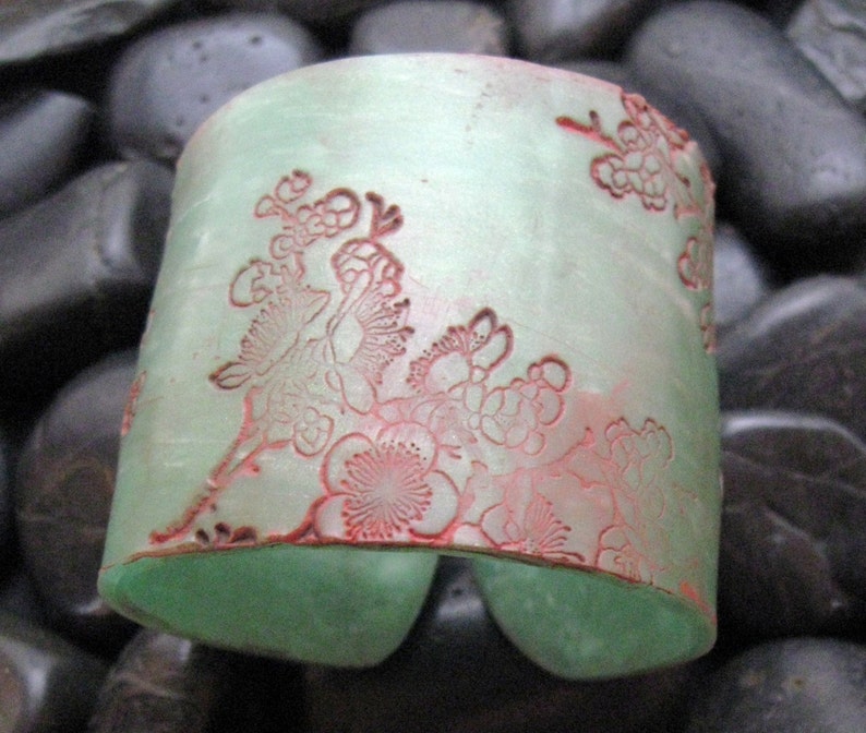 Jade Style Asian Floral Cuff Bracelet Mint Green Pastel Coral Etsy