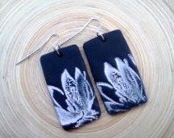 Black magnolia earrings Asian floral, handmade jewelry by theshagbag on Etsy, PLEASE READ  DESCRIPTION!