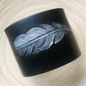 Black Cuff Bracelet, Silver Feather Design, Polymer Clay Jewelry by theshagbag on Etsy, PLEASE READ DESCRIPTION image 1