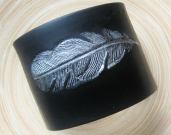 Black Cuff Bracelet, Silver Feather Design, Polymer Clay Jewelry by theshagbag on Etsy, PLEASE READ  DESCRIPTION!