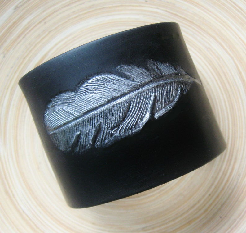 Black Cuff Bracelet, Silver Feather Design, Polymer Clay Jewelry by theshagbag on Etsy, PLEASE READ DESCRIPTION image 1