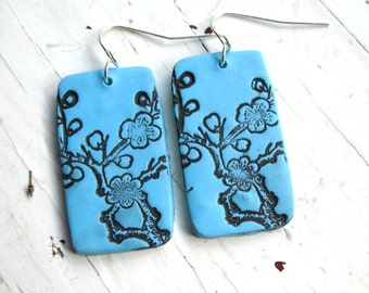 Turquoise earrings with black Asian cherry blossom design, handmade jewelry by theshagbag on Etsy, PLEASE READ  DESCRIPTION!