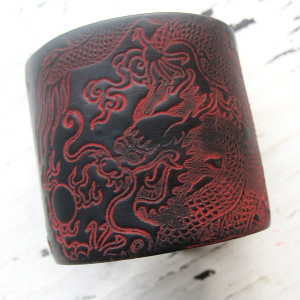 Black cuff bracelet Asian dragon design, handmade jewlery by theshagbag on Etsy, PLEASE READ  DESCRIPTION!