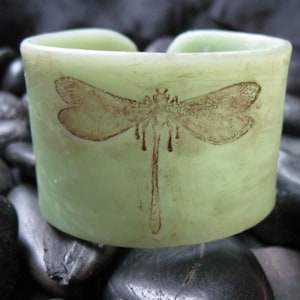 Cuff Bracelet, Antiqued Jade Style Green Dragonfly, Handmade Cuffs by theshagbag on Etsy, PLEASE READ DESCRIPTION image 1